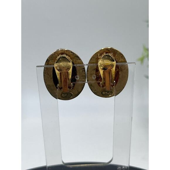 Kenneth Jay Lane Oval Brown Glass Cabochon Vintage Rhinestone Clip Earring‎ - Picture 8 of 16